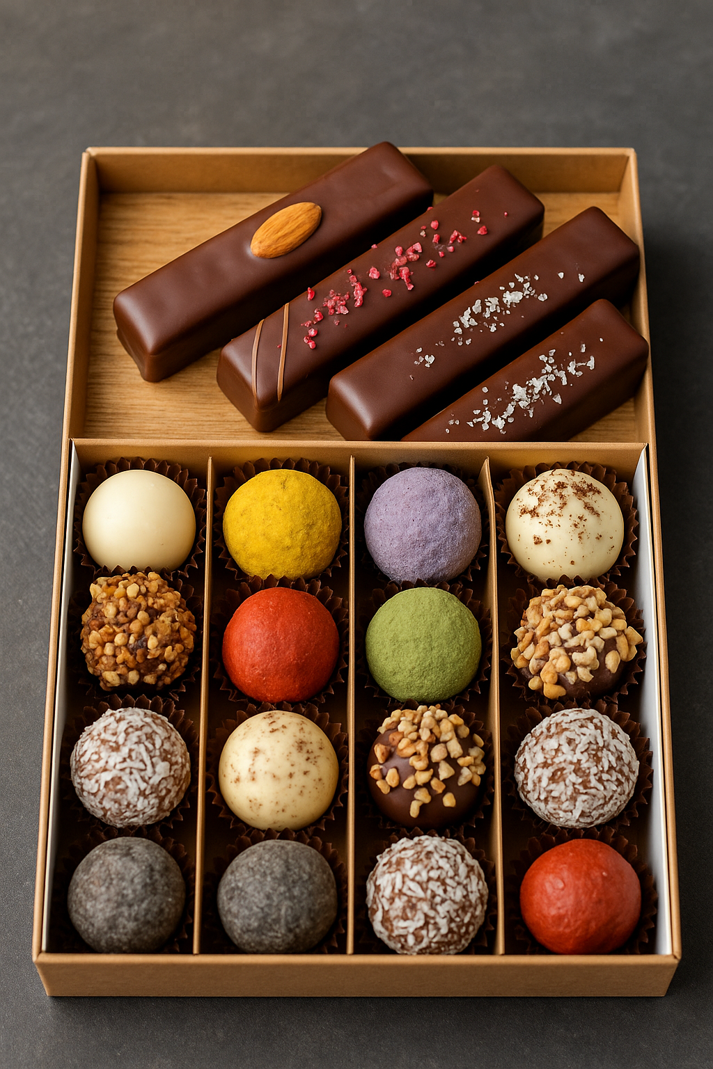 Chokoladeæske m/4 stænger og 12 stykker,  Svaneke Chokoladeri