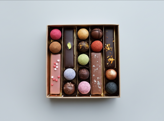 Chokoladeæske m/4 stænger og 12 stykker 350g