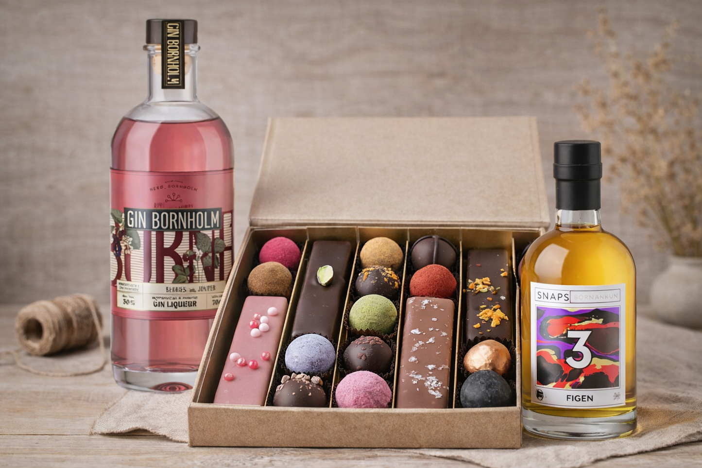 Chokoladeæske m/likør eller snaps, 250g + 50 el 70cl